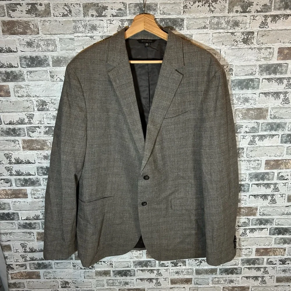 Banana Republic Mens 46L Slim Fit Blazer Brown Glen Plaid Emmetex Italian Cotton